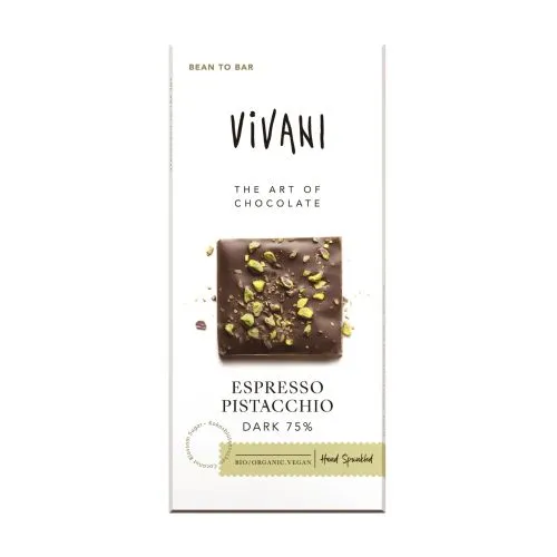 Čokoláda hořká Espresso a pistácie 75 % 80 g VIVANI